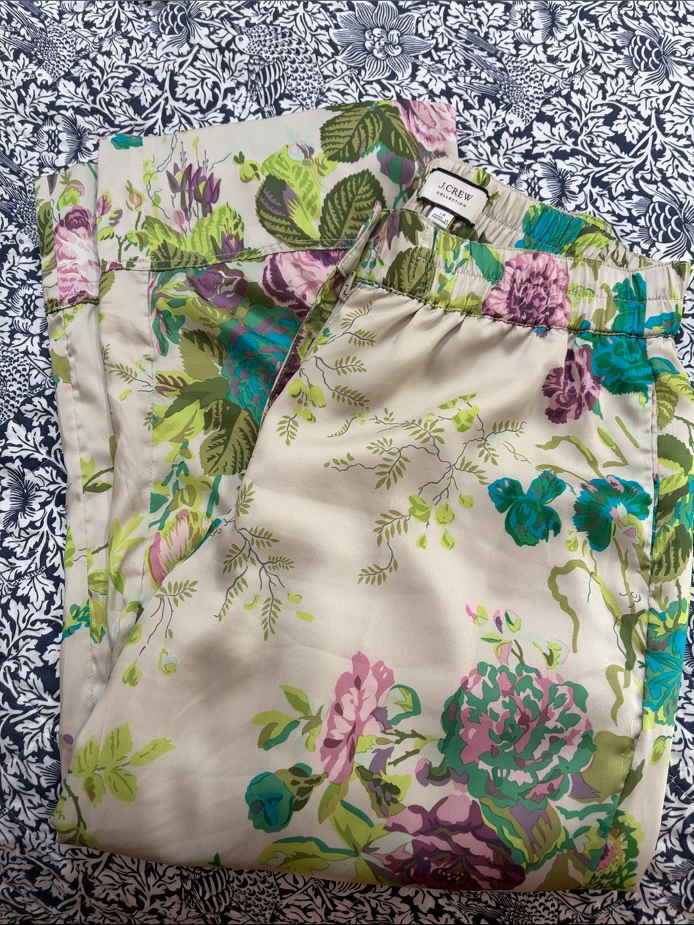 J. Crew Collection Cream Floral Wide-Leg Pants with Green, Teal, and Pink Print